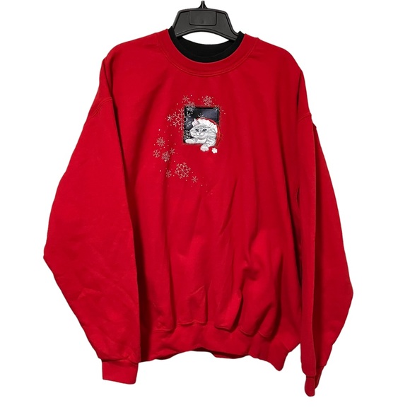 Top Stitch Embroidered Cat & Snowflakes Red Double Collar Crewneck Sweatshirt - Picture 1 of 8